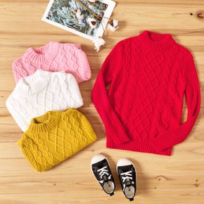 Kid Girl Mock Neck Solid Fitted Cable Knit Sweater